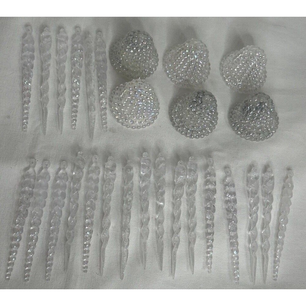 Vintage Bell Ornaments Lot Of 6 Clear Iridescent + 22 Icicles Clear Glitter